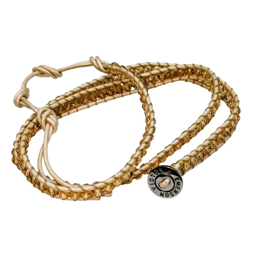 Victoria Emerson 23" Tan Corded Champagne Crystal Beaded Wrap Bracelet
